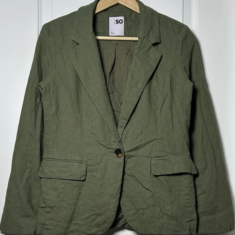 SO Olive Green Linen Rayon Blend Single Button Blazer Earthy‎ Clean Girl Style